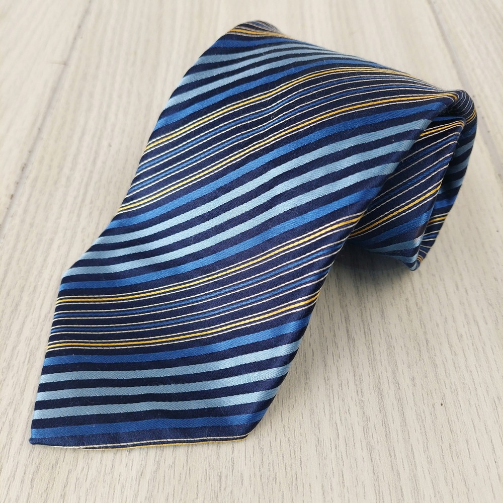 Brioni Silk Tie Mens Repp Blue Gold Striped Handmade Italy Luxury Necktie Formal